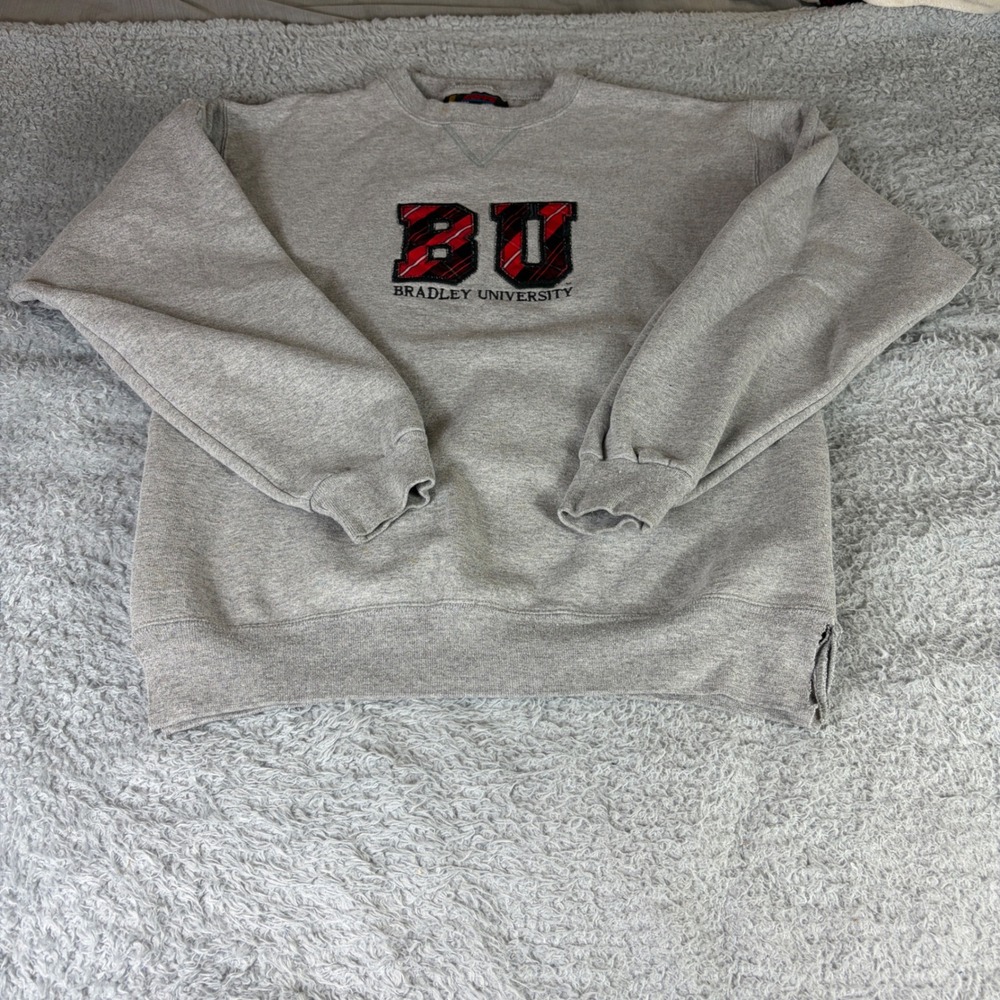 Vintage Soffe Bradley University Sweatshirt Gray Plaid BU Distressed Medium USA